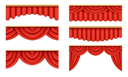 Red Curtains Collection, Theater Stage Design Element Vector Illustration on White Backgroundのイラスト素材