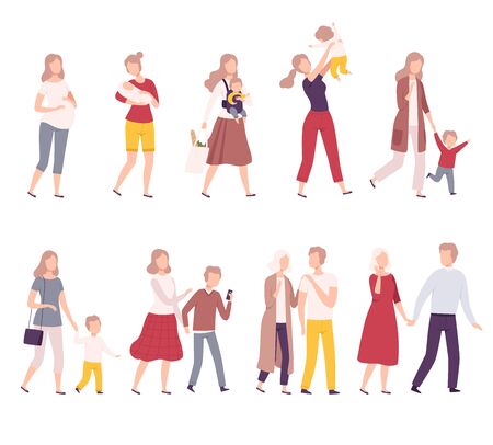 Stages of Family Development Set, Mother with Her Growing Daughter, Happy Parenthood Flat Vector Illustration on White Background.のイラスト素材