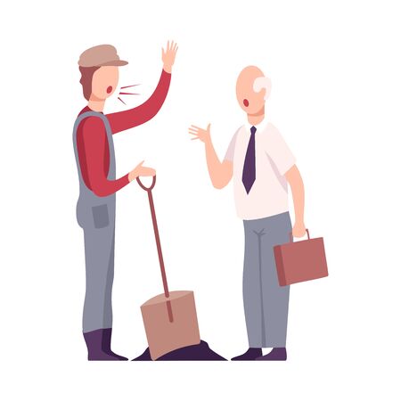 Rude Boss Threatening and Yelling to Male Worker, Stressful Working Environment Flat Vector Illustration on White Background.のイラスト素材