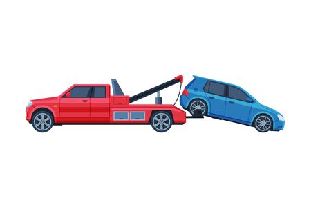 Tow Truck Evacuating Blue Car, Road Accident Flat Vector Illustrationのイラスト素材