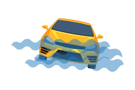 Car Submerging in Water, Auto Accident Flat Vector Illustrationのイラスト素材