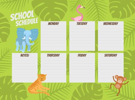 Weekly Planner Template, Cute Calendar, Diary, Organizer or Schedule with Place for Notes and Cute African Animals Vector Illustrationのイラスト素材