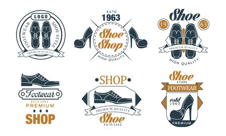 Footwear Store   Design Collection, Premium Shoe Shop Retro Badges Vector Illustration on White Backgroundのイラスト素材