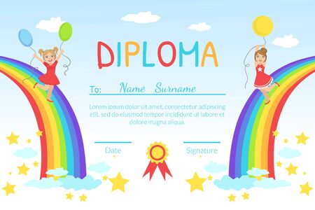 Kids Diploma Template with Place For Your Text, Preschool, Kindergarten Children Certificate witn Happy Kids Jumping on Rainbow During Sunny Day Vector Illustrationのイラスト素材