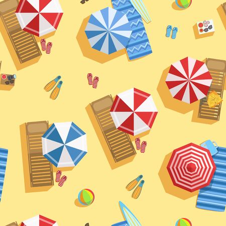 Tropical Beach with Colorful Umbrellas, View from Above, Summer Time Background Vector Illustration, Web Design.のイラスト素材