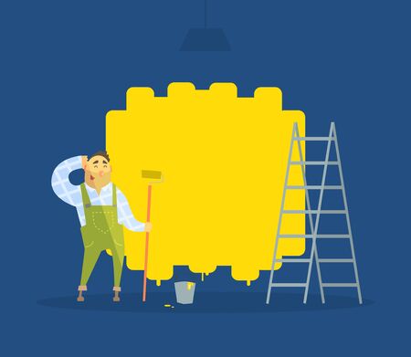 Male Painter Painting Wall with Brush, Construction Worker Character Vector Illustrationのイラスト素材