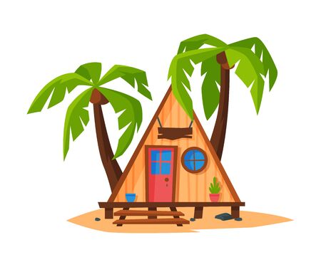 Tropical Beach Bungalow on Coast of Sea or Ocean, Summer Seaside Vacation Wooden Cabin and Palm Trees Vector Illustrationのイラスト素材