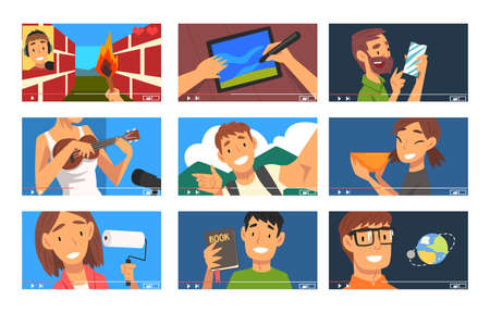 Video Collection, Different Men and Women Demonstrating Their Skills, Travel, Music, Gamer video Vector Illustrationのイラスト素材