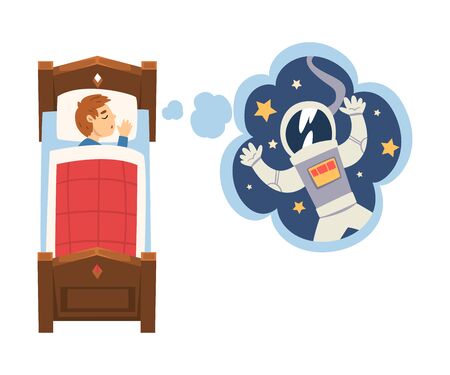 Cute Boy Sleeping in Bed and Dreaming About Astronaut in Flying in Outer Space, Kid Lying in Bed Having Sweet Dreams Vector Illustration on White Background.のイラスト素材