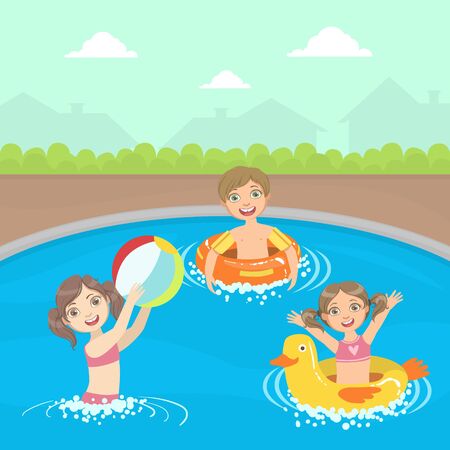Happy Little Boys and Girls Swimming and Playing Ball in a Pool Vector illustrationのイラスト素材