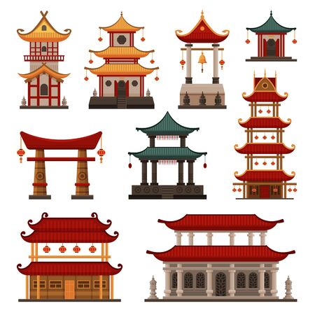 Traditional Chinese Buildings Set, Pagoda, Ancient Temple, Gate, Cultural Oriental Architecture Objects Vector Illustrationのイラスト素材