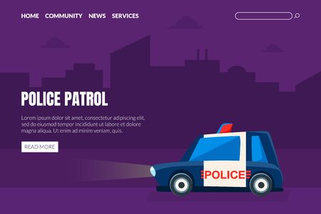 Police Patrol Landing Page Template, Police Car on Background of City Landscape Web Page, App Vector Illustrationのイラスト素材