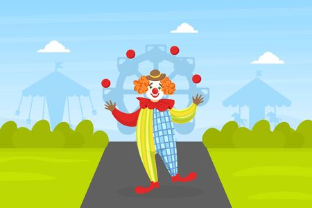 Funny Circus Clown Juggling, Comedian Performance on Summer Landscape Vector Illustrationのイラスト素材