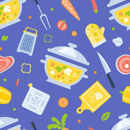 Healthy Cooking Seamless Pattern, Kitchen Utensils and Fresh Products, Design Element Can Be Used for Website, Cooking Book, Restaurant Menu, Wrapping Paper Vector Illustrationのイラスト素材