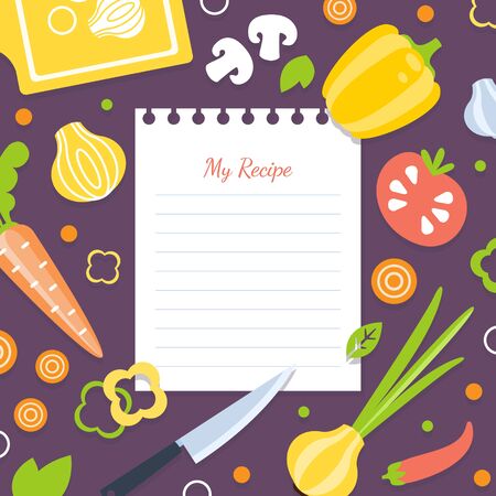 My Recipe Blank Card Template with Fresh Vegetables Pattern, Cookbook Page Vector Illustrationのイラスト素材