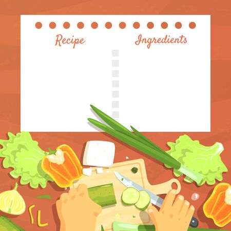 Recipe Blank Card or Sheet Template for Making Notes about Meal Preparation, Healthy Fresh Cooking Ingredients Vector Illustration, Web Design.のイラスト素材