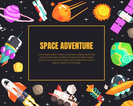 Space Adventure Banner Template with Cosmos Symbols, Spaceship, Satellite, Planets, Ufo Spaceship Vector illustrationのイラスト素材