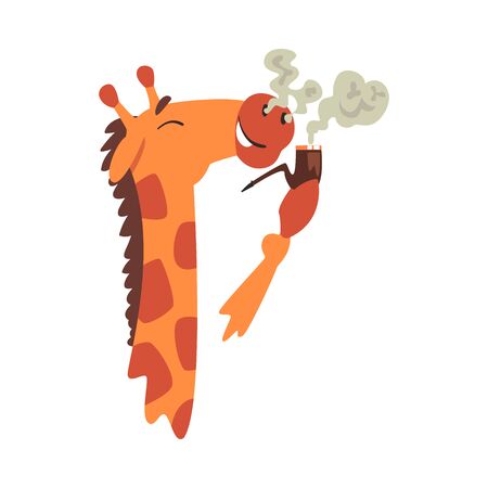 Giraffe Smoke Tobacco Pipe, Funny Crazy African Animal Cartoon Character Vector Illustrationのイラスト素材