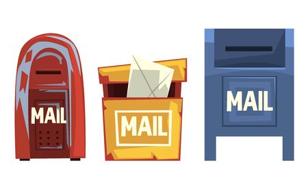 Mail Boxes Collection, Post Mailbox for Delivery Letters and Newspapers Vector Illustrationのイラスト素材