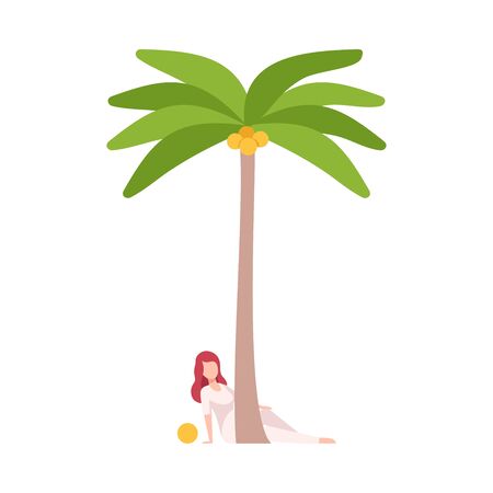 Young Woman Sitting Behind Tropical Palm Tree Vector Illustration, Flat Style.のイラスト素材