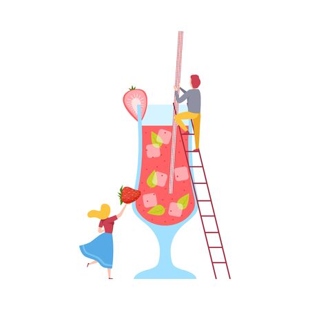 Tiny People Making Cocktail, Young Man and Woman Putting Berries to Big Glass with Juice and Straw, Cold Sweet Summer Drink Vector Illustration, Flat Style.のイラスト素材