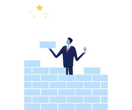 Successful Businessman Building Brick Wall Trying to Reach the Star, Path to Success, Leadership Vector Illustrationのイラスト素材