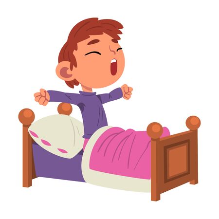 Cute Boy Waking Up, Preschool Kid Daily Routine Activity Cartoon Vector Illustration on White Background.のイラスト素材