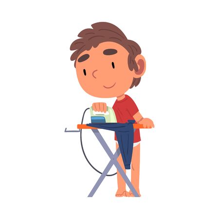 Cute Boy Ironing His Clothes, Daily Routine Activity Cartoon Vector Illustrationのイラスト素材