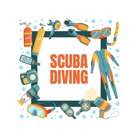 Scuba Diving Banner Template with Diving Professional Equipment, Water Active Sport, Summer Vacation Vector Illustrationのイラスト素材