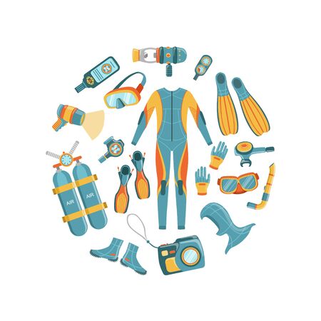 Scuba Diving Banner Template with Professional Equipment Seamless Pattern of Round Shape, Water Active Sport, Summer Vacation Vector Illustrationのイラスト素材