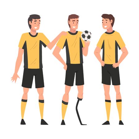 Disabled Man Playing Soccer with His Friends, Handicapped Man Receiving Support and Having Good Time, Person Enjoying Full Life Vector Illustration on White Background.のイラスト素材
