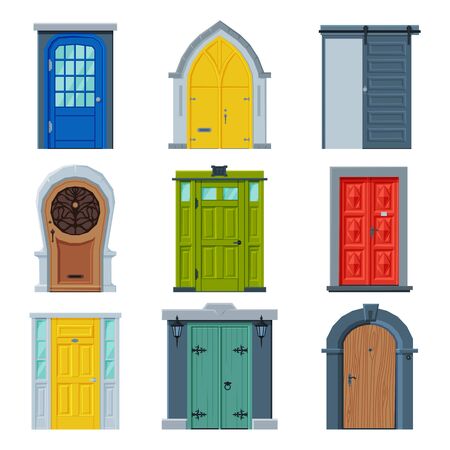 Doors in Vintage Style Collection, Facades and Apartments Architactural Design Elements Vector Illustration on White Background.のイラスト素材