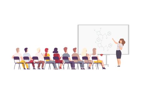 Female Physics Professor Teaching Students in Classroom, University, College, High School Lesson Flat Vector Illustration on White Backgroundのイラスト素材