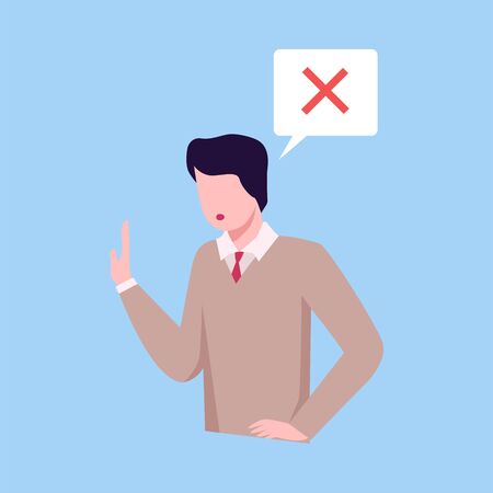 Man Making Stop Gesture Communicating with Speech Bubble, Social Networking, Virtual Relationships Flat Vector Illustration Isolated on White Backgroundのイラスト素材
