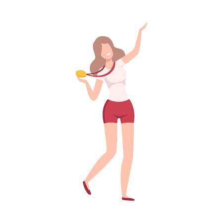 Little Girl Showing Her Sports Medal, Young Woman Celebrating Victory Flat Vector Illustrationのイラスト素材
