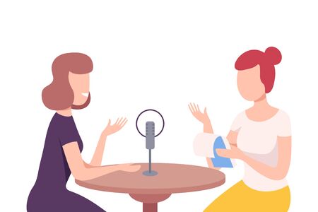 Female Radio Host Interviewing Guest on Radio Station, Two Women in Headphones Talking Flat Vector Illustrationのイラスト素材