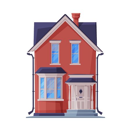 Red Two Storey Suburban Residential House with Porch, Country Real Estate Flat Vector Illustrationのイラスト素材