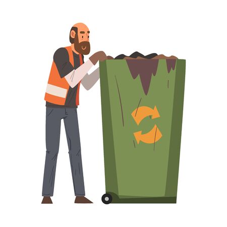 Man Janitor and Garbage Bin Recycling Container, Male Professional Cleaning Staff Character Wearing Orange Vest, Cleaning Company Service Vector Illustrationのイラスト素材