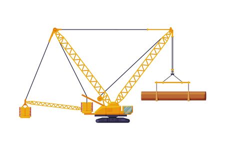 Construction or Cargo Crane, Heavy Cargo Transportation Service Vehicle Flat Vector Illustration Isolated on White Backgroundのイラスト素材
