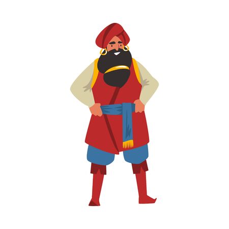 Old Sultan, Arab Man in Oriental Costume, Arabian Fairy Tale Cartoon Character Vector Illustration on White Background.のイラスト素材