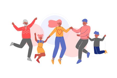 Cute Happy Family Jumping Together, Father, Mother, Daughter and Son Having Fun Vector Illustrationのイラスト素材