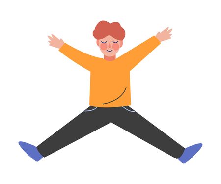 Boy Happily Jumping, Happy Kid Having Fun Vector Illustrationのイラスト素材