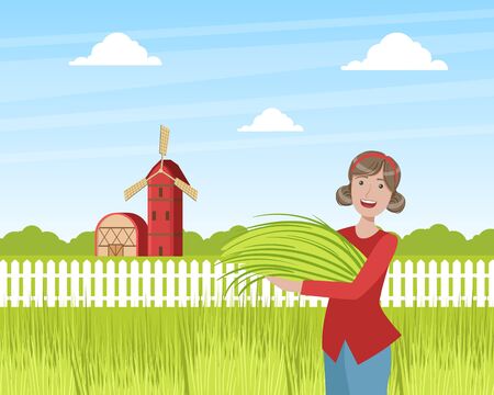 Girl Farmer Standing with Armful of Fresh Grass on Background of Summer Rural Landscape Vector Illustrationのイラスト素材