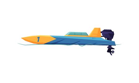 Power Boat or Speedboat with Outboard Motor, Modern Nautical Motorized Transport Vector Illustrationのイラスト素材