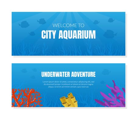 Welcome to City Aquarium Banner Template, Underwater Adventure Flyer, Invitation Card Vector Illustrationのイラスト素材