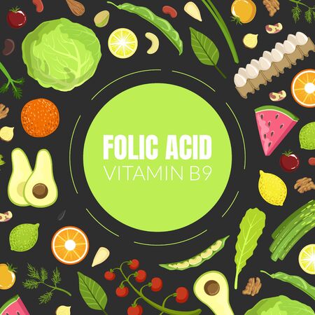 Folic Acid Banner Template, Healthy Vitamin Food, Products Containing Folic Acid Vector Illustrationのイラスト素材