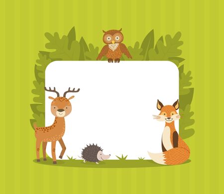 Cute Wild Forest Animals with Blank Banner, Flamingo, Owl, Deer, Hedgehog, Fox Standing Next to the Blank Signboard Vector illustrationのイラスト素材