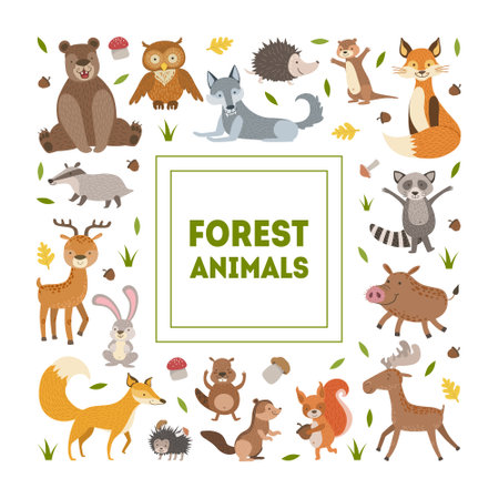 Forest Animals Banner Template with Cute Wild Animals of Square Shape, Greeting Card, Poster, Banner, Background Design Element Vector Illustrationのイラスト素材