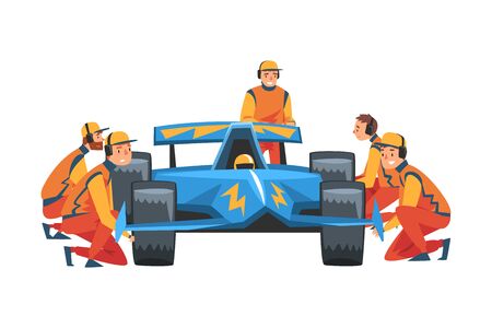 Pit Stop Crew Members in Uniform Changing Tire Wheels, Maintenance of Racing Car, Professional Mechanics Cartoon Characters Vector Illustrationのイラスト素材