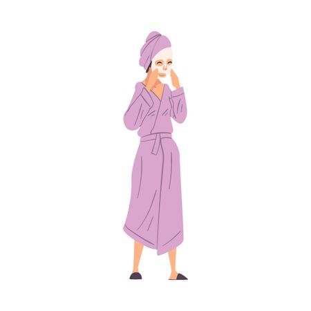 Young Woman in Bathrobe with Cosmetic Face Mask, Female Beauty   Streaming Online Cartoon Vector Illustrationのイラスト素材